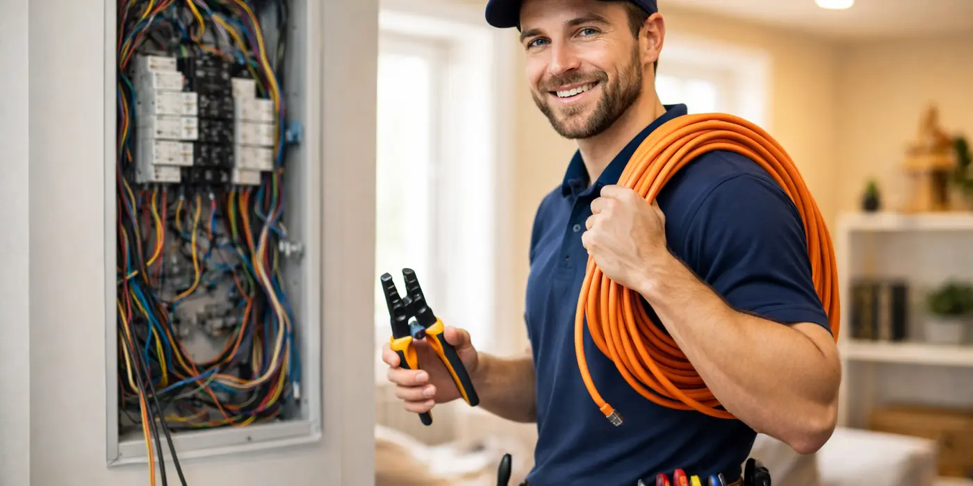 an electrician smiling with a wire on his shoulder from Electrician Richardson TX in Richardson, TX - Alarm system installation