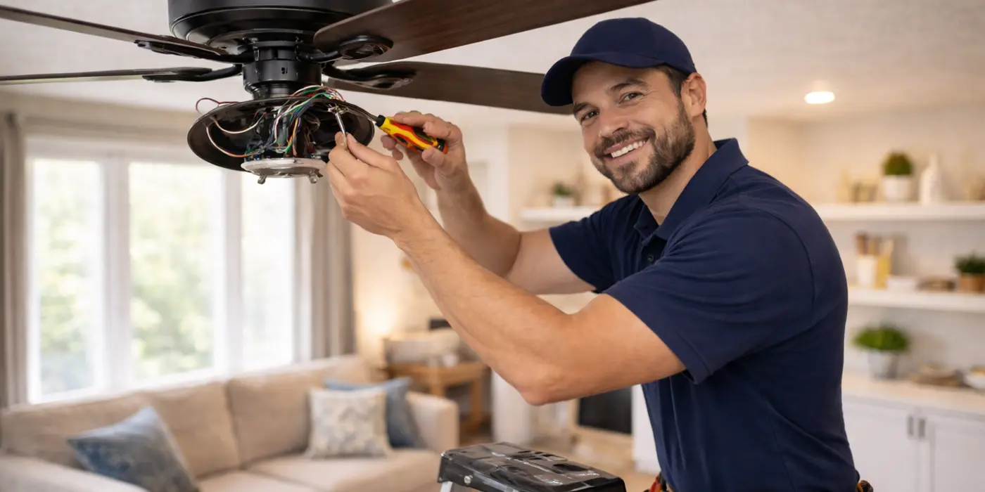 a smiling electrician installing a ceiling fan from Electrician Richardson TX in Dallas, TX - Dallas TX