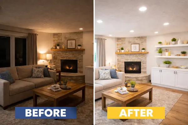 before and after living room lighting upgrade from Electrician Richardson TX in Richardson, TX - Electrical lighting upgrades