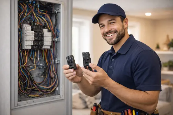 a smiling electrician showing 2 electrical brakers from Electrician Richardson TX in Richardson, TX - Electrical repairs