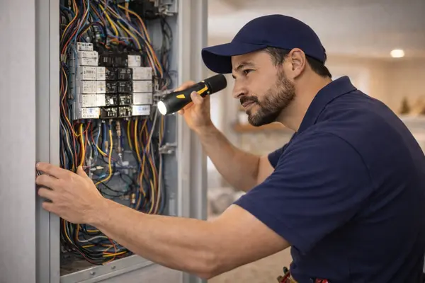 an electrician using a flashlight to check a electrical panel from Electrician Richardson TX in Richardson, TX - Electrical wiring redesign