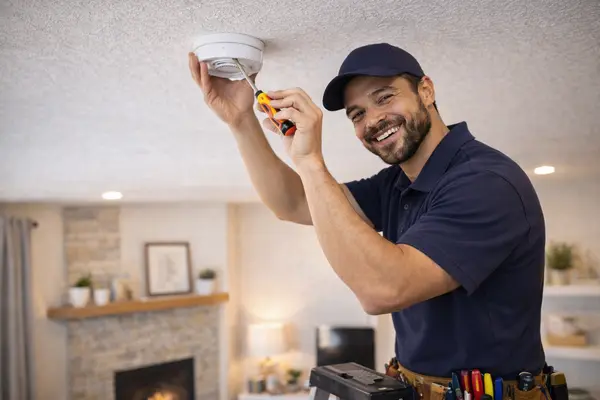 a smiling electrician installing a smoke alarm from Electrician Richardson TX in Richardson, TX - Electrician near me