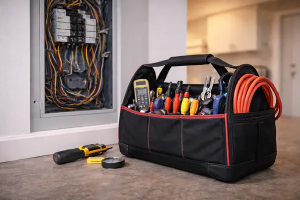 an electrician tool bag next to a braker panel from Electrician Richardson TX in Richardson, TX - Electrician near me