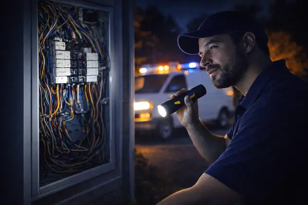 a male electrician techinician checking an outside circuit box with a flashlight from Electrician Richardson TX in Richardson, TX - Electrician near me