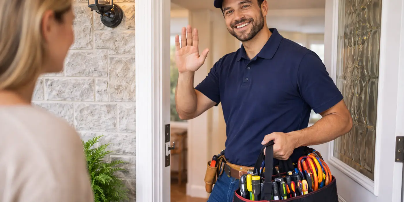 a smiling electrician waiveing goodbye to a customer from Electrician Richardson TX in Garland, TX - Garland TX