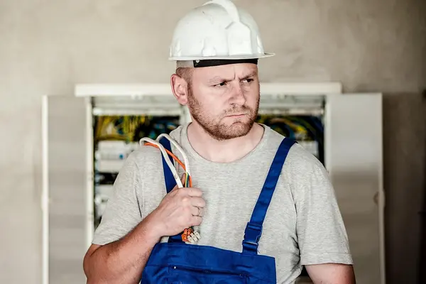 an electrician with a electrical panel behind him from Electrician Richardson TX in Garland, TX - Garland TX
