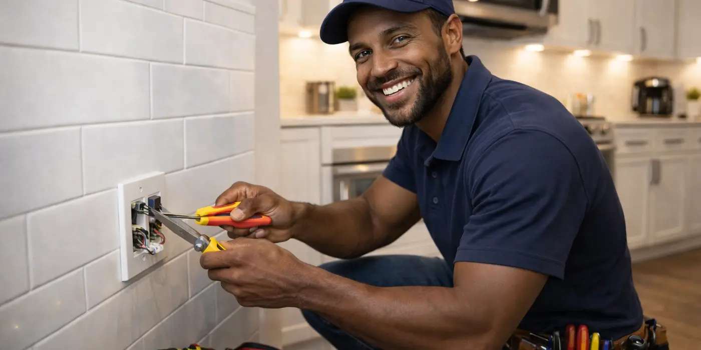 a smiling electrician fixing an electrical outlet from Electrician Richardson TX in Plano, TX - Plano TX